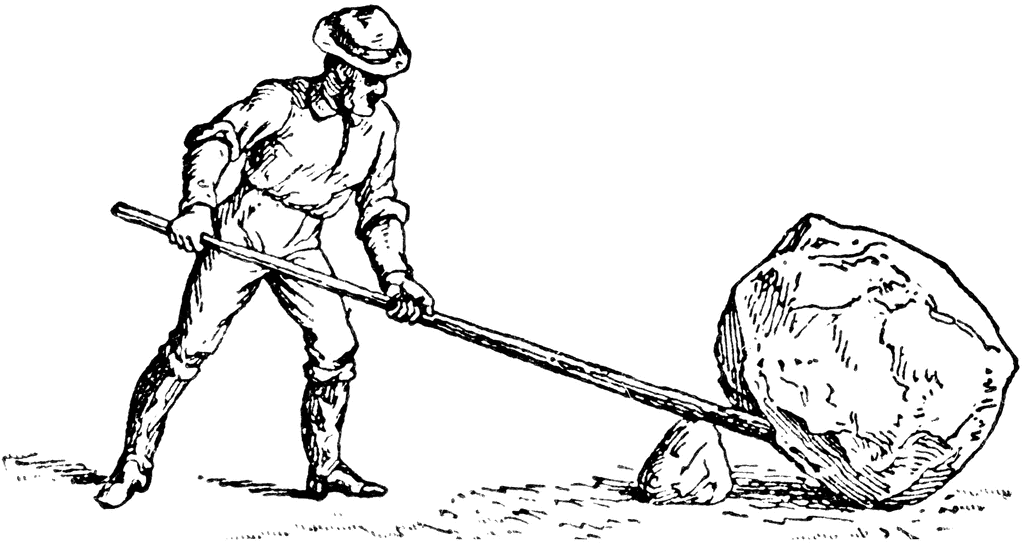 man raising a stone with a lever bending a ruler